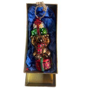 Pottery Barn Glass Christmas Gifts Bear Ornament with Original Box